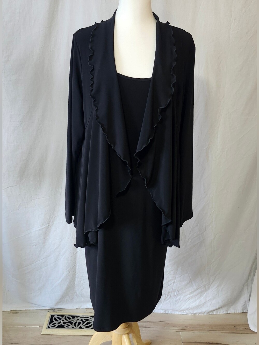 Nina Leonard Black Ruffled Draped Womenβs Dress with Attatched Jacket